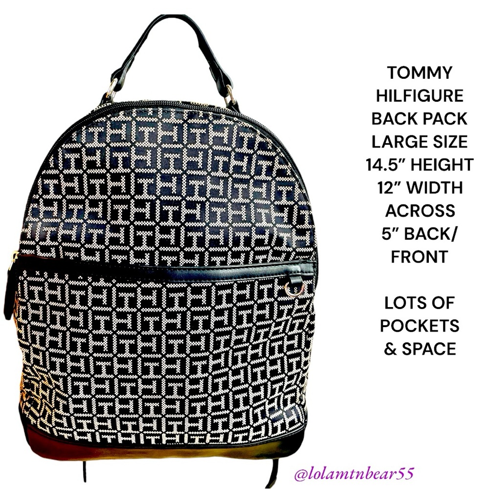 TOMMY HILFIGER LRG JACQUARD BACK PACK W/SEAT BELT STRAPS,HANDLE-LOTS OF POCKETS